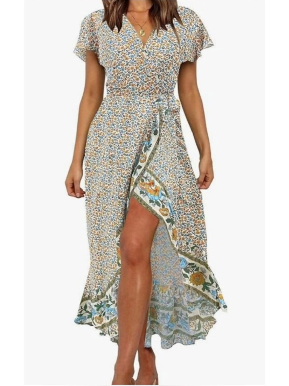 Zesica Ditsy Floral V-Neck Maxi Wrap Dress Cottagecore Boho *Flaw*